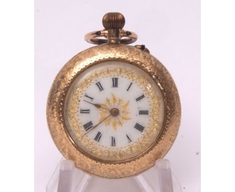 Late 19th century Swiss 14K open face keyless fob watch, the frosted gilt and jewelled movement with cylinder escapement to a