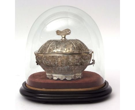 Late 19th/early 20th century Chinese white metal lidded filigree casket of shaped oval form with pull off cover with melon fi