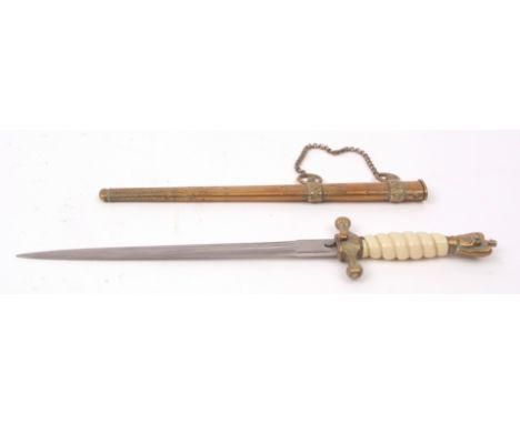 Mid-20th century German second model Naval dagger, unsigned, the twin fullered and double edged blade to a brass cross-guard 
