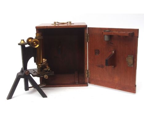 Early 20th century black crackle finish and lacquered brass monocular microscope, R &amp; J Beck Ltd, the tripod formed base 