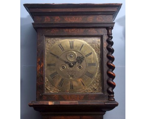 Early 18th century walnut marquetry inlaid 8-day longcase clock, Thomas Bridge - Londini Fecit, the pull off hood with overha