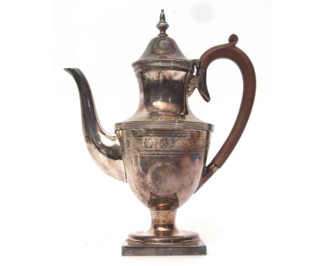 Elizabeth II coffee pot, the urn shaped body with hinged and domed cover with cast and applied finial and all over engraved f