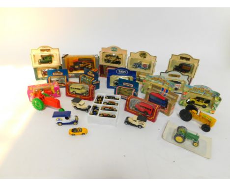 Lledo Corgi Matchbox and other die cast vintage trucks, buses and motor cars, including a Corgi Classics Thorneycroft van wit