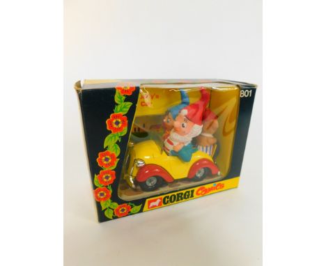 A Corgi Comics 801 Noddy's Car die cast model vehicle, yellow and red body with chrome trim, and Noddy, Big Ears and Mr Tubby