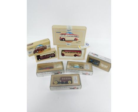 Four Corgi die cast Collectors Classics motor cars, together with a Classic Commercials Bedford OB Edinburgh 98164, and a Ley