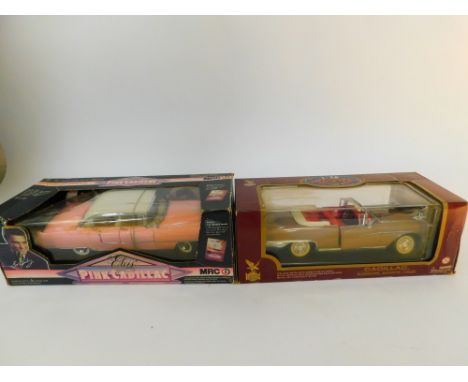 A die cast model of Elvis' pink Cadillac 1955, scale 1:18, together with a Road Legends die cast model of a Cadillac, Eldorad