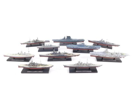 Scale models of WWII British American and German battleships, aircraft carriers and cruisers. (10)