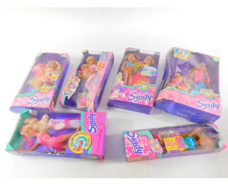 Six Sindy dolls, comprising Mega Hair., Step-Over Fun., Magic Peddling Patti., Party Nails., Somersaulting Acrobat., and Real