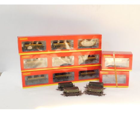 Hornby OO gauge Departmental ZFO (Trout) ballast hoppers, Departmental Z CV (Clam), three pack, weathered hopper wagons, and 