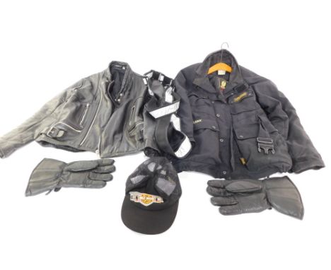 A leather motorcycle jacket, Belstaff waterproof jacket, pair of Aniko Thinsulate 3M gloves and a Harley Davidson baseball ca