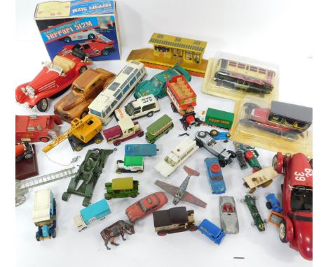 Die cast and other vehicles, including a Dinky mobile crane, Vega Major luxury coach, a Joytown Booking Hall, radio controlle