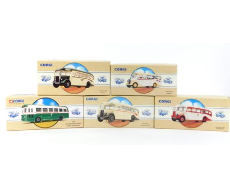 Four Corgi die cast Classic Commercials Single Decker Buses, to include a Bedford OB Meredith., and an AEC Regal Eastern Coun