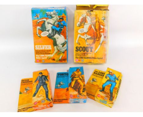 Five Marx Toys Lone Ranger figures, comprising Silver., Scout., The Lone Ranger., Tonto., and Butch Cavendish, all boxed.