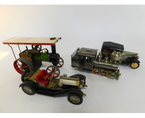 A Mamod steam engine TE1, a steam roadster, model of a Baldwin locomotive and a Chinese vintage motor car. (4)