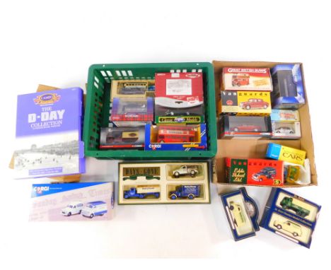 Corgi Oxford Days Gone By and other die cast vintage trucks, trackside vehicles, buses and sports cars, all boxed. (a quantit