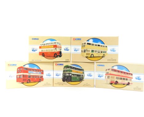 Four Corgi die cast Public Transport From Corgi Double Decker Buses, to include a Daimler Fleetline, Manchester Corp, and a B