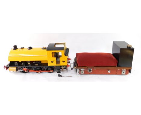 A scratch built Hawthorn Leslie tank locomotive ALF 0-6-0ST, and ride on tender, yellow livery, No 16, with bespoke carry cas