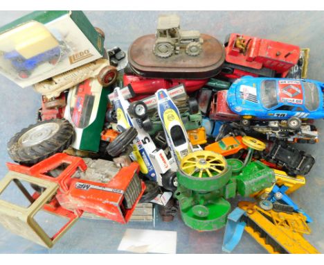 Dinky Mettoy Corgi and other die cast vehicles, tractors, clockwork racing car car transporter, elevator loader, etc. (a quan