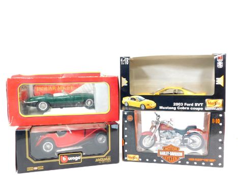 A Maisto die cast Harley Davidson motorcycle, 1999 FLSTF Fatboy, scale 1:10, a Mustang Cobra Coupe, 2003 Ford SVT, scale 1:18