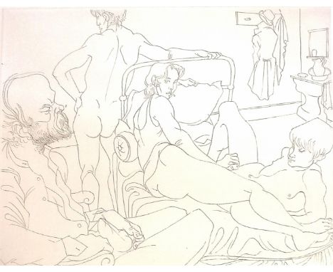 Michael Ayrton (1921-75) etching (4 men) from 1972 'Femmes / Hombres' by Paul Verlaine (1844-96) ~ numbered XI/XV and frame s