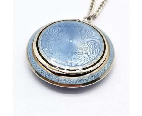 Antique 1921 silver guilloche enamel compact pendant by CH on a sterling silver marked 50cm neckchain ~ total weight 36g ~ sl