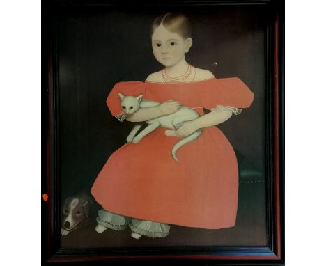 Reproduction print of a naive picture of a girl with a cat - frame 84cm x 74cm