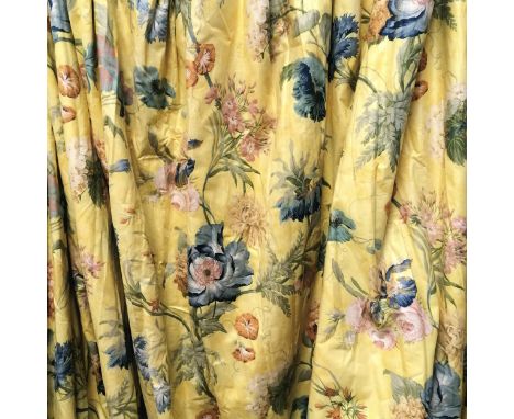 Pair of heavy interlined yellow grounded curtains with floral detail  each curtain 200cm wide x 250cm long - some fading to t