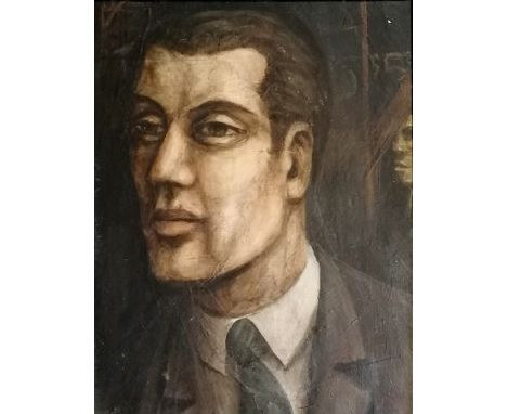 Portrait oil painting on canvas of a man 'Traveller' &amp; signed on reverse - frame 56.5cm x 46.5cm.  1 small loss to canvas