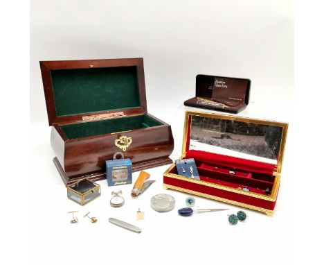 2 x vintage boxes (largest wooden 30cm x 18cm x 14cm high) containing Ronson varachem pen lighter (boxed), ladies antique sil