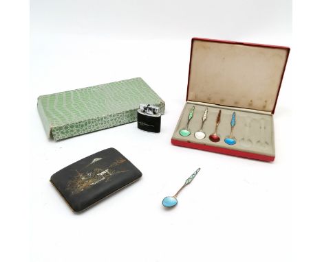 5 x silver enamel teaspoons by Cohen &amp; Charles - 9.5cm &amp; 37g total weight &amp; in original case t/w Japanese boxed c