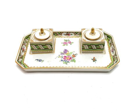 Antique Dresden floral decorated china inkstand with original hand decorated inkwells with original liners - 22cm x 13cm. No 