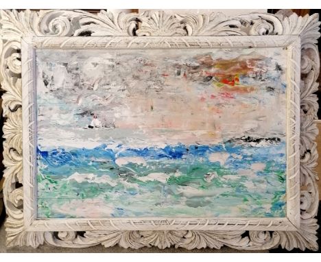 Unsigned oil on panel of sunset seascape - heavy carved wooden frame 77cm x 97cm.