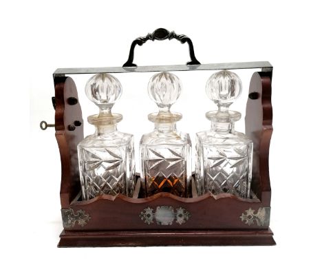 Vintage silver plated wooden 3 bottle tantalus - 34cm high x 35cm x 14cm deep