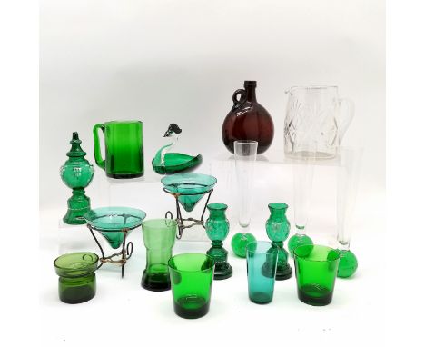 Qty of mostly green glass inc Dansk Design candle holders, enamel Victorian 3 pce garniture, tankard, bird dish etc ~ no obvi