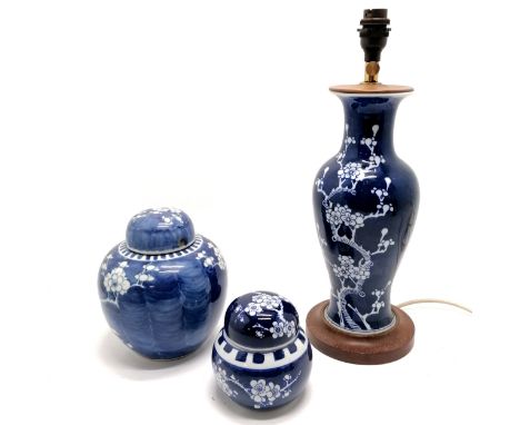 3 x Chinese prunus ~ lamp (42cm high) &amp; 2 x ginger jars (largest lid a/f)