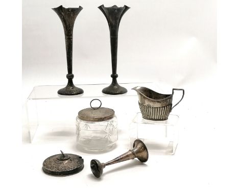 Qty of silver items inc half fluted cream jug (6.5cm high), lidded glass jar, spill vases ~ mostly a/f ~ weighable silver 144