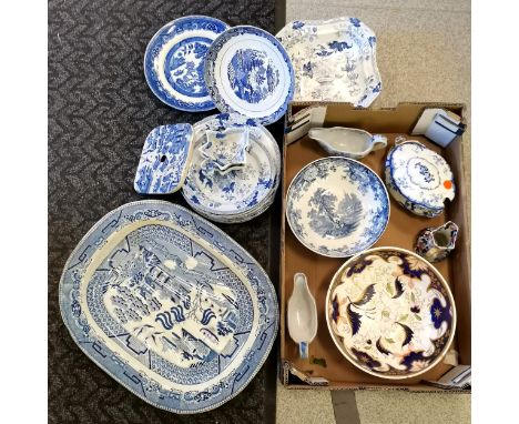 Quantity of antique china dinnerware incl. 2 Wedgewood pickle dishes (1A/F) masons Imari jug, Meatplate etc. - some A/F