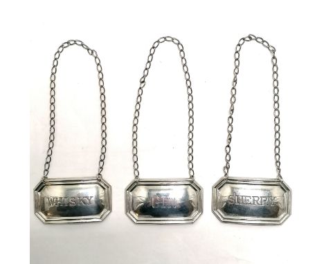 3 x 1990 silver decanter labels ~ Whisky, Gin &amp; Sherry by W I Broadway &amp; Co - 5cm across &amp; 27g total weight (3)