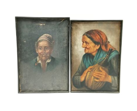 Pair of 19thc Italian school portraits of country folk frame 40cm x 27.5cm - gentleman portrait has some paint loss