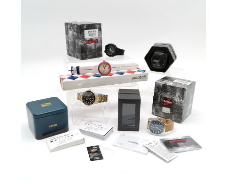 5 x quartz wristwatches inc 2 x Casio G-Shock watches (module 3403 &amp; 5611), Fossil, Sekonda (all 4 running at time of lis
