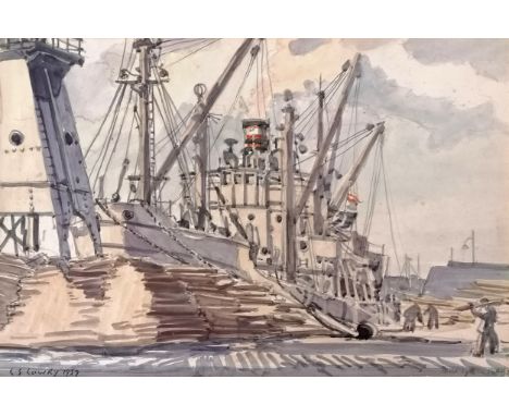 L S Lowry 1959 watercolour painting of a ship at dock near Lytham St Annes (with pencil sketch of country house on the revers