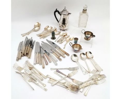 Qty of silver plated Viners cutlery, 1/6th gill drinks measure, silver collared glass jar (19cm tall) etc ~ SOLD IN AID OF ST