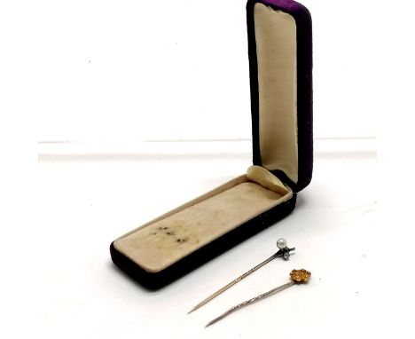 2 x antique gold stick pins set with diamond &amp; pearl - longest 5.5cm in antique retail box - total weight (2) 2.2g