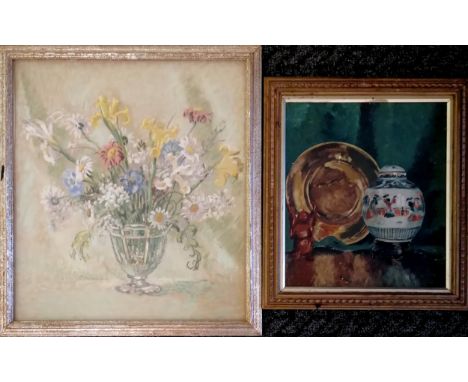 Frederick Miller still life pastel 'Cut Glass' (vase of flowers) - frame 53cm x 48cm (with label verso) t/w still life oil on