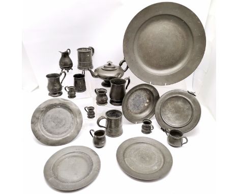 Quantity of antique pewter incl. charger with initials to back 42cm diameter, tankards, measures , plates etc. mostly slight 