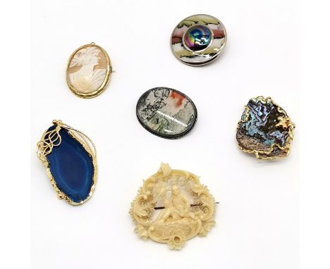 6 x brooches inc silver moss agate (4.2cm), hand carved shell cameo portrait etc