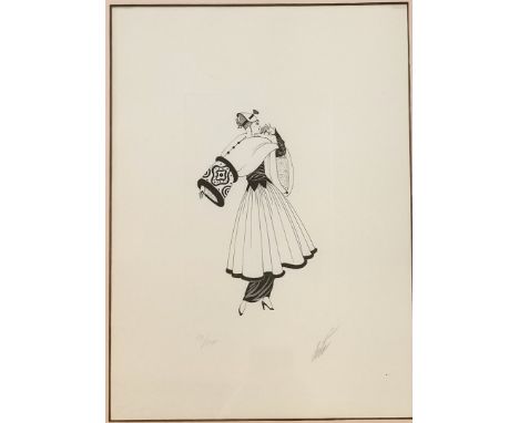 Erté (Romain de Tirtoff) (1892–1990) hand signed etching (from a ltd ed of 175) of a fashion lady smelling a rose - frame 60c