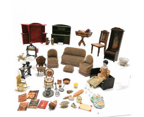 Qty of mostly antique dolls house furniture inc 4 piece suite (sofa 14cm long x 10cm high), metal sewing machine and mangle,1