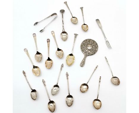 Qty of silver mostly teaspoons inc duck finial (x3) t/w Georgian fork - 184g total weight t/w small hand mirror (10cm long)
