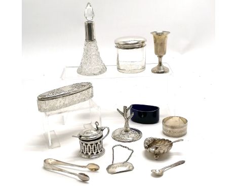 Qty of silver items inc napkin ring, glass bodied jars, lidded mustard pot, sherry decanter label, ring stand (6cm high &amp;